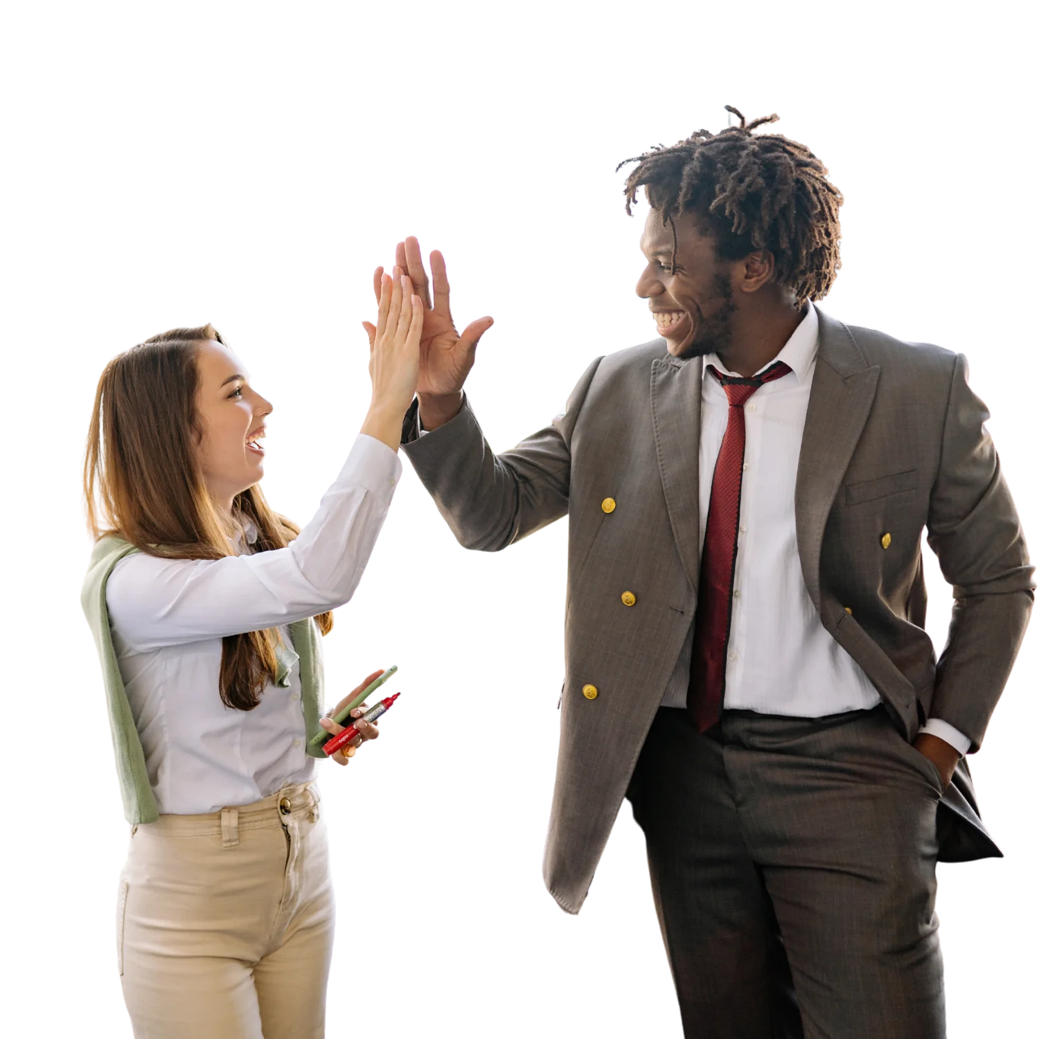 Two business colleagues celebrating with a high five